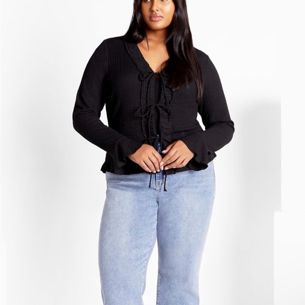 City Chic Charmaine Black Ruffle Tie-Front Knit Top size S/16 new with tags